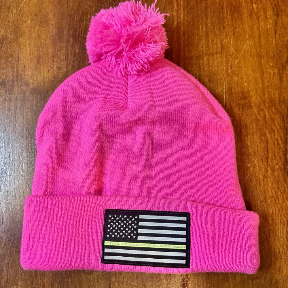 Neon Pink Grey American Flag Embroidered Knit Cuff Long Beanie Made In The USA 